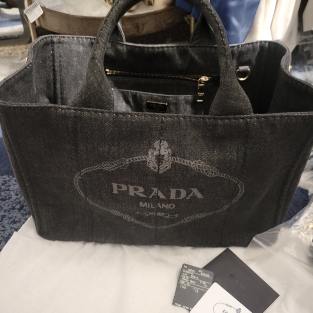 BRAND NEWPrada Canapa Tote Bag Handbag Denim Women dark blue with guarantee card